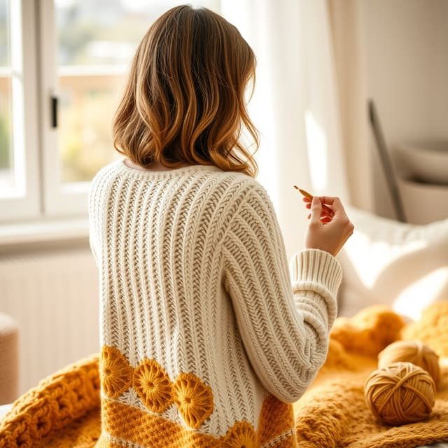 Crocheting a granny-flower blanket at the patternvibes desk
